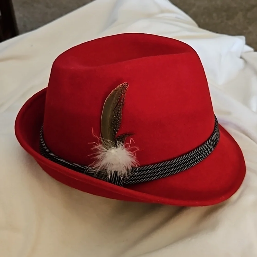 Vtg Traditional Austrian Alpine Tomato Red Tyrolean Felt Fedora Festival Hat - Picture 3 of 8